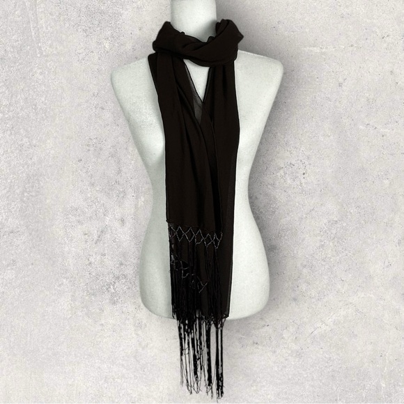 Vintage Accessories - Brown Beaded Fringe Sheer Rectangular Scarf Bohemian Tassel 20" x 36" Wrap Skirt